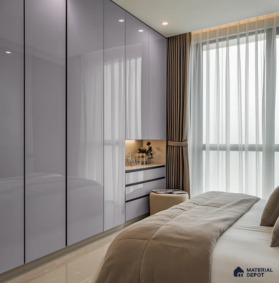 Glossy Lavender Laminate Wardrobe with Niche Storage in Modern Bedroom | Material Depot