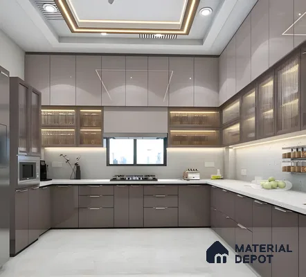 Glossy Lavender Modular Kitchen With Fluted Glass Cabinets And Cove Ceiling Lights | Material Depot