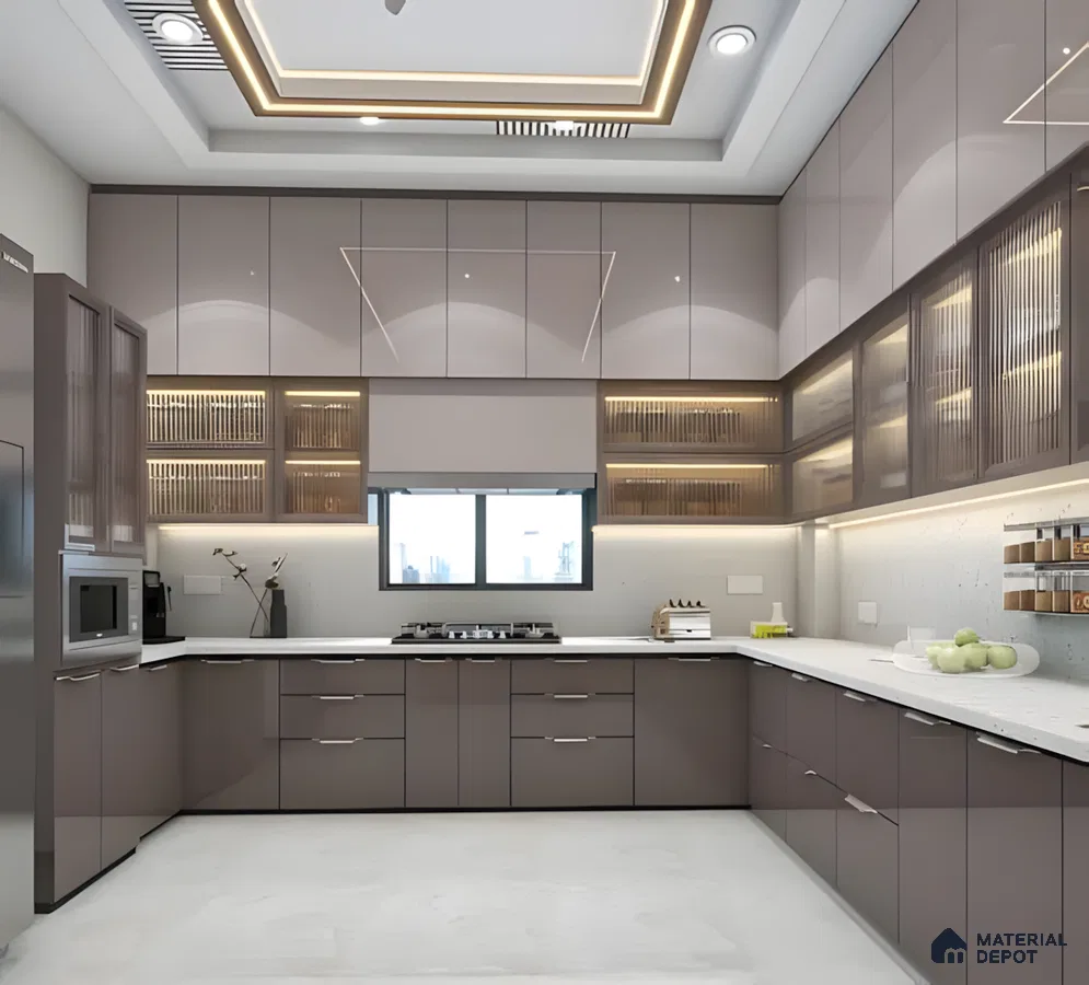 Glossy Lavender Modular Kitchen With Fluted Glass Cabinets And Cove Ceiling Lights | Material Depot