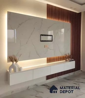 Glossy Marble-Finish Tv Panel With Warm Backlighting And Fluted Wood Accents | Material Depot