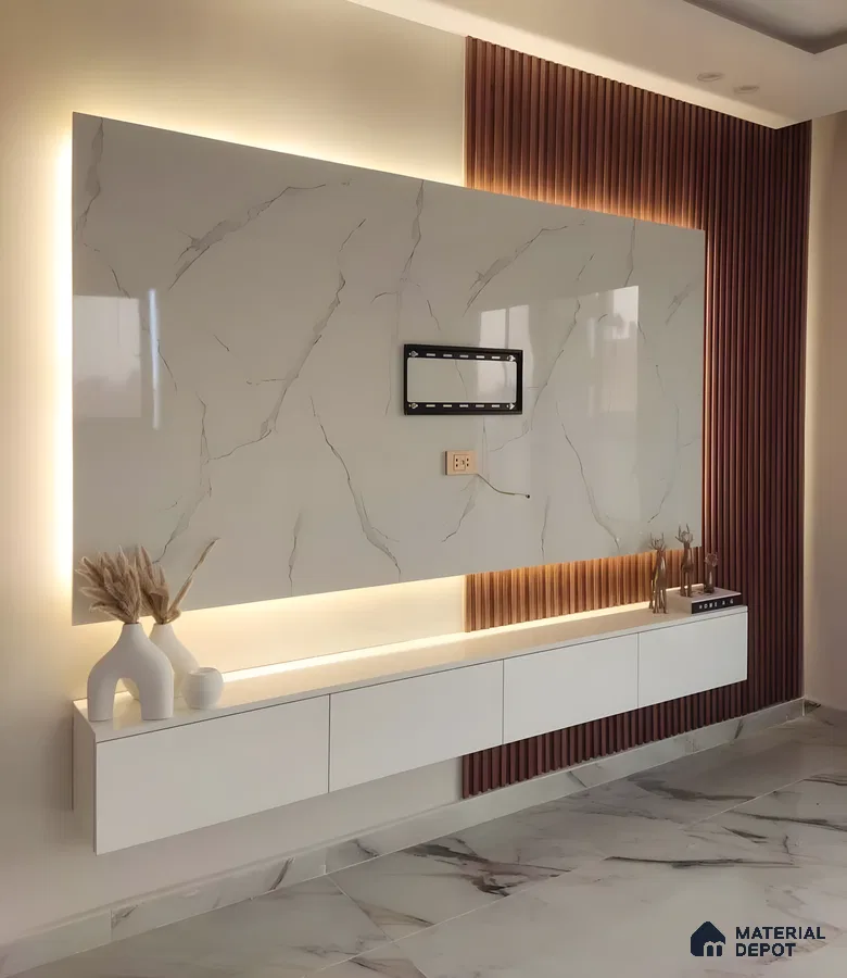 Glossy Marble-Finish Tv Panel With Warm Backlighting And Fluted Wood Accents | Material Depot