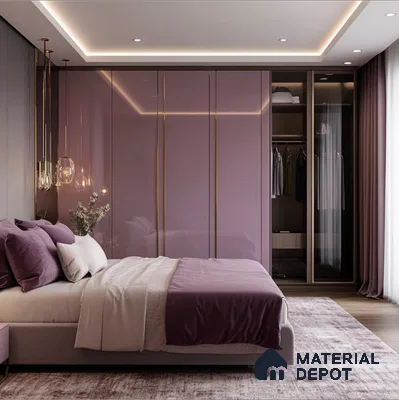 Glossy Mauve Laminate Wardrobe with Gold Accents in Luxury Bedroom | Material Depot