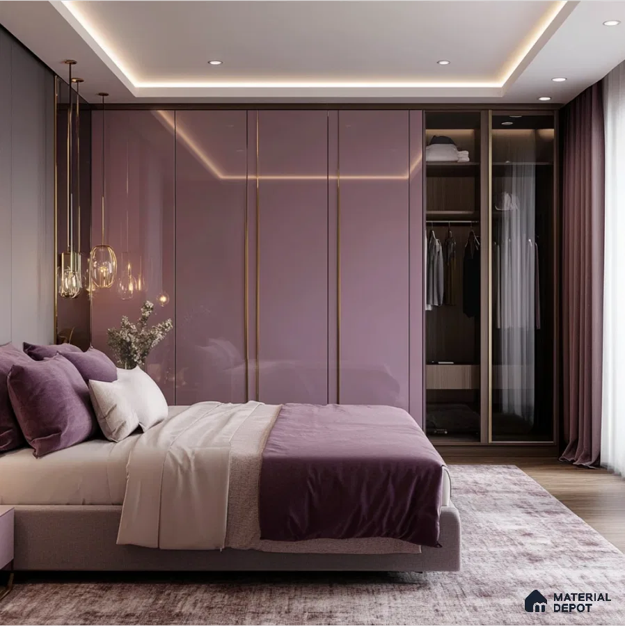 Glossy Mauve Laminate Wardrobe with Gold Accents in Luxury Bedroom | Material Depot