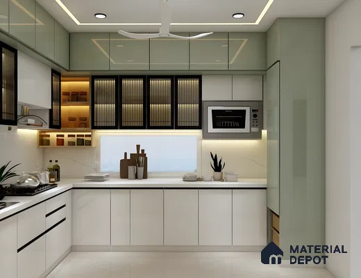 Glossy Mint & Fluted Glass Fusion: A Modern Minimalist Kitchen With Boho-Inspired Warmth | Material Depot
