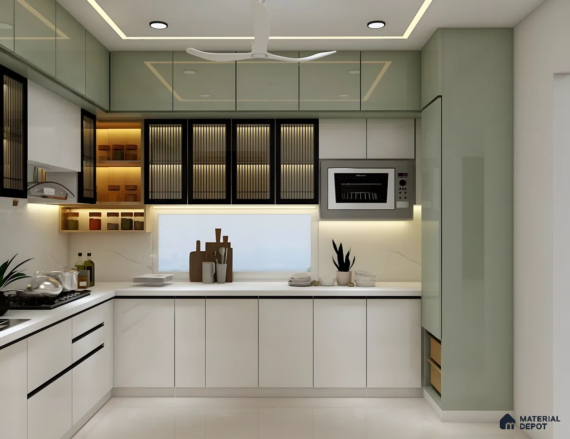 Glossy Mint & Fluted Glass Fusion: A Modern Minimalist Kitchen With Boho-Inspired Warmth | Material Depot