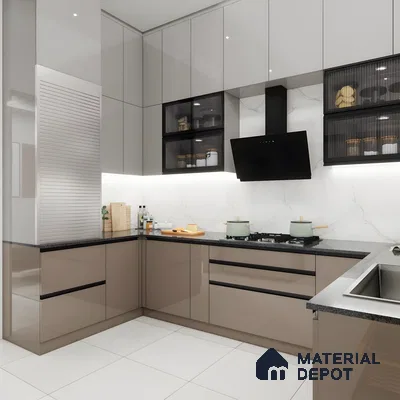 Glossy Mocha Acrylic & Marble Fusion: A Sleek L-Shaped Kitchen With Fluted Glass Uppers | Material Depot
