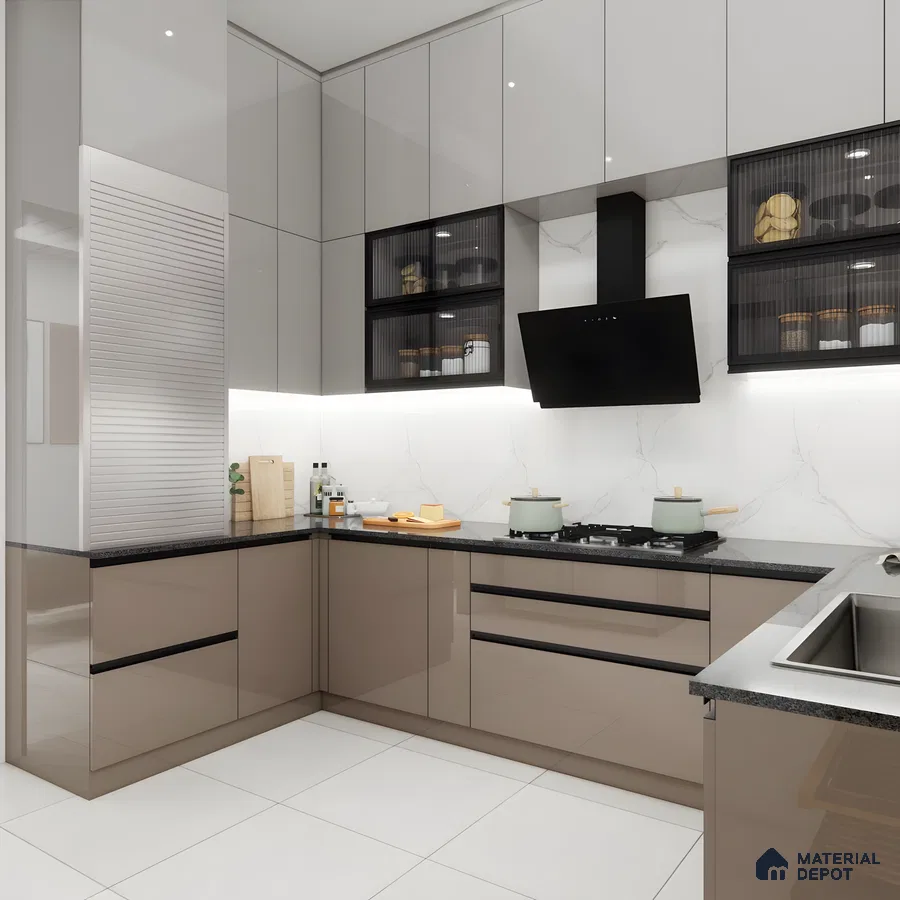 Glossy Mocha Acrylic & Marble Fusion: A Sleek L-Shaped Kitchen With Fluted Glass Uppers | Material Depot