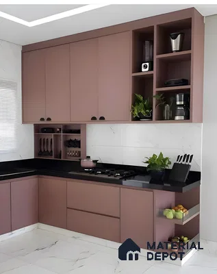 Glossy Mocha L-Shaped Kitchen With Backlit Marble Backsplash And Dark Granite Countertop | Material Depot
