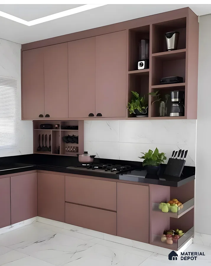 Glossy Mocha L-Shaped Kitchen With Backlit Marble Backsplash And Dark Granite Countertop | Material Depot