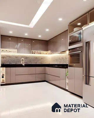 Glossy Mocha Modular Pink Kitchen With Mosaic Backsplash Elegance | Material Depot