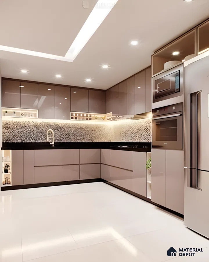 Glossy Mocha Modular Pink Kitchen With Mosaic Backsplash Elegance | Material Depot