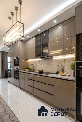 Glossy Mocha Parallel Kitchen With Marble Backsplash And Built-In Appliances | Material Depot