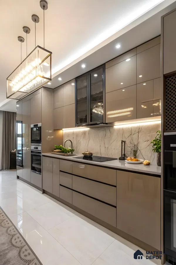 Glossy Mocha Parallel Kitchen With Marble Backsplash And Built-In Appliances | Material Depot