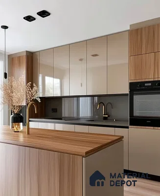 Glossy Island Kitchen with Dark Accents and Floor-to-Ceiling Windows | Material Depot