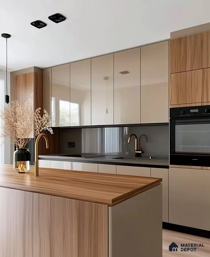 Glossy Island Kitchen with Dark Accents and Floor-to-Ceiling Windows | Material Depot