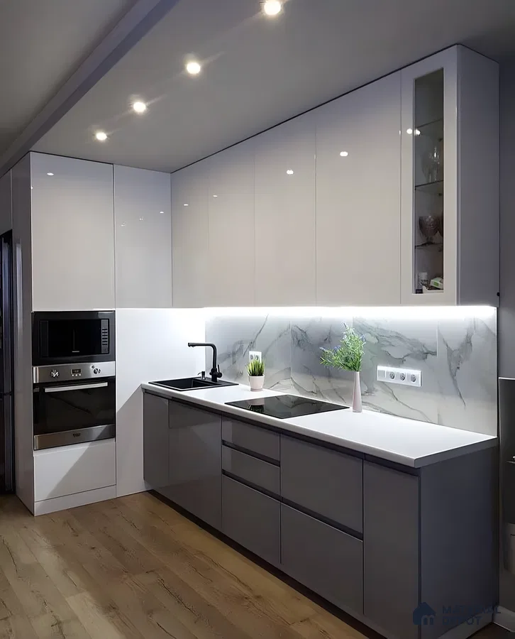Glossy Monochrome Kitchen With Marble Backsplash Elegance | Material Depot