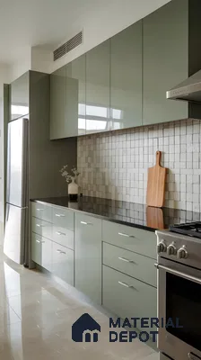 Glossy Olive Green Kitchen With Textured Stone Backsplash And Sleek Black Countertops | Material Depot