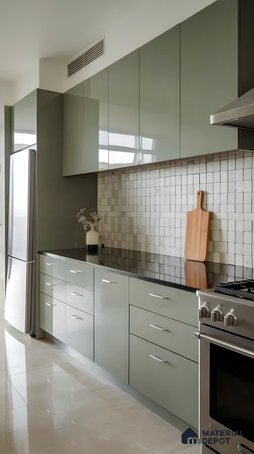 Glossy Olive Green Kitchen With Textured Stone Backsplash And Sleek Black Countertops | Material Depot
