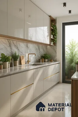 Glossy Parallel Kitchen with Grey Marble Backsplash and Golden Trim Cabinets in 2BHK Purva Venezia, Yelahanka | Material Depot