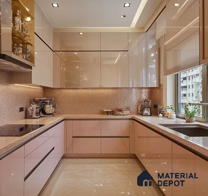 Modern Beige Glossy Kitchen with Wooden Dining Table and Pendant Lights | Material Depot