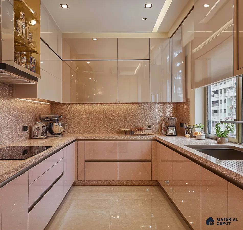 Modern Beige Glossy Kitchen with Wooden Dining Table and Pendant Lights | Material Depot
