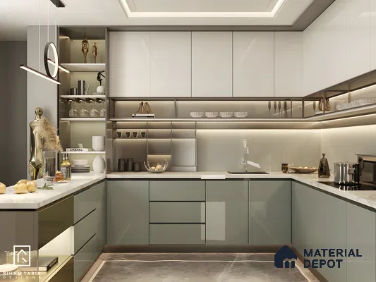 Glossy Sage Green And White U-Shaped Modular Kitchen With Metallic Accents | Material Depot