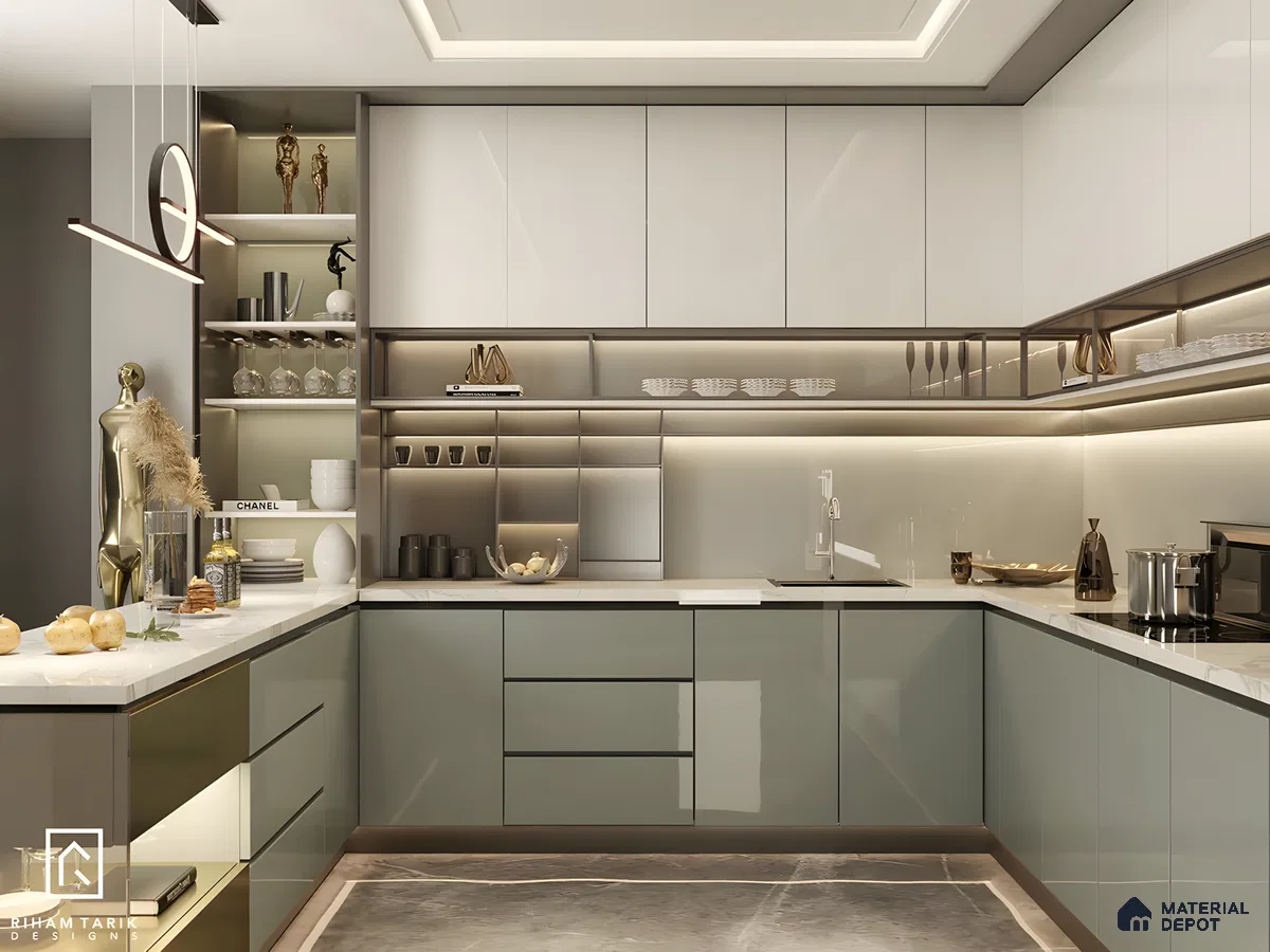 Glossy Sage Green And White U-Shaped Modular Kitchen With Metallic Accents | Material Depot
