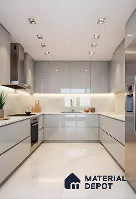 Glossy Serenity: A Modern Grey High-Gloss Kitchen With Marble Accents | Material Depot