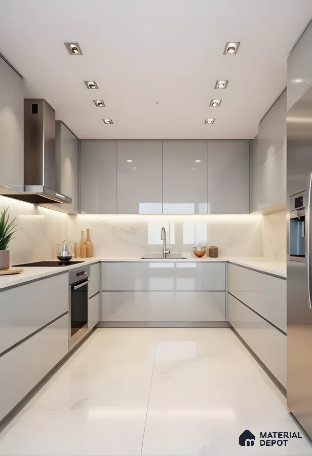 Glossy Serenity: A Modern Grey High-Gloss Kitchen With Marble Accents | Material Depot