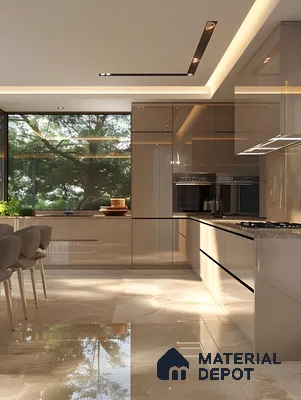 Glossy Taupe Luxury Kitchen With Natural Light And Marble Accents | Material Depot