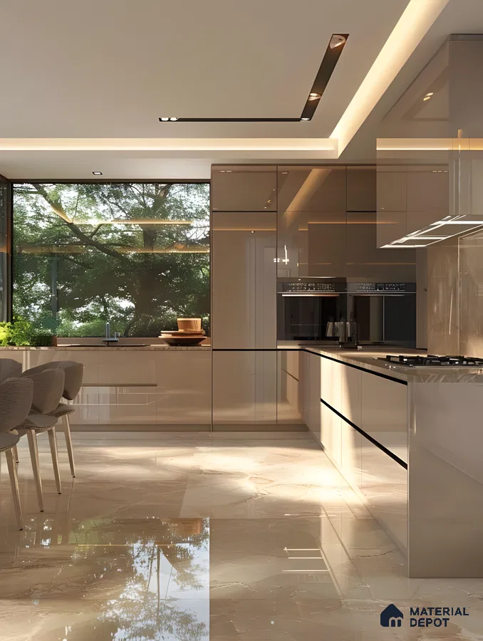 Glossy Taupe Luxury Kitchen With Natural Light And Marble Accents | Material Depot