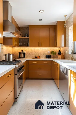 Glossy Veneer And Gold Detail Kitchen | Material Depot