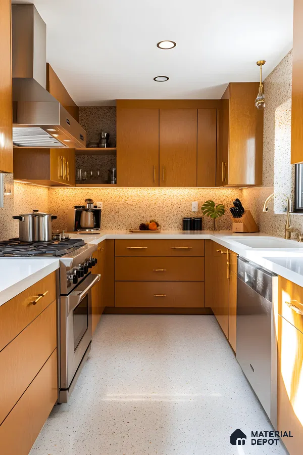 Glossy Veneer And Gold Detail Kitchen | Material Depot