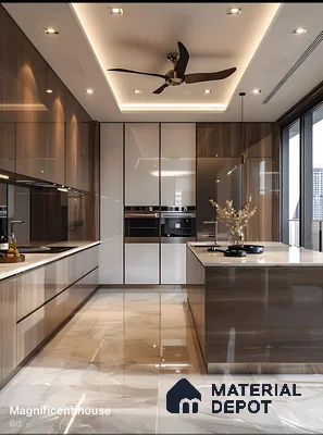 Glossy White And Walnut Kitchen With Warm Lighting And Fluted Shelves | Material Depot