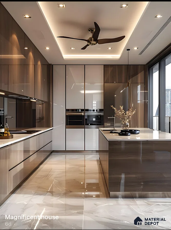 Glossy White And Walnut Kitchen With Warm Lighting And Fluted Shelves | Material Depot