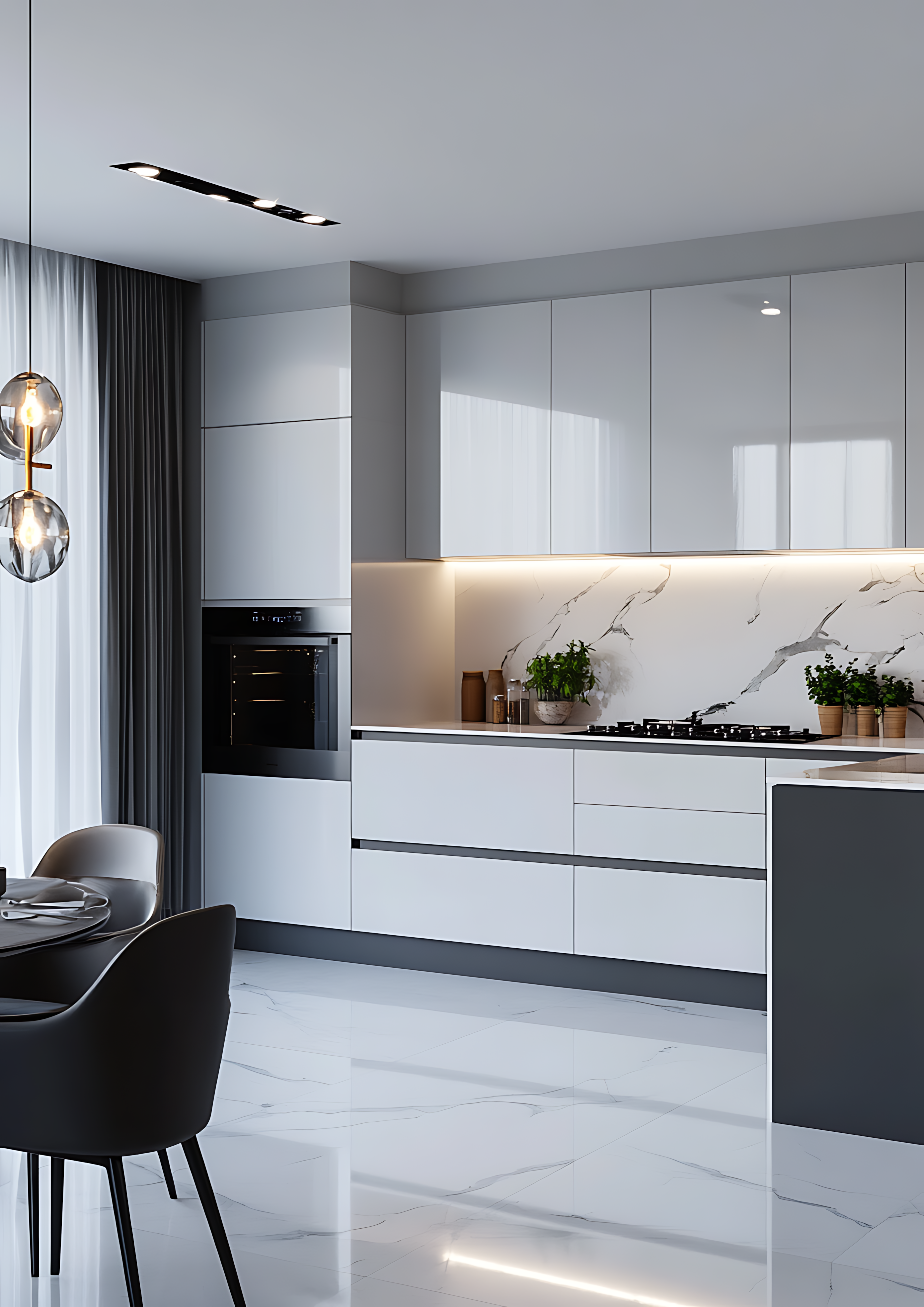 Glossy White and Grey Kitchen with Marble Backsplash and Clean Lines | Material Depot