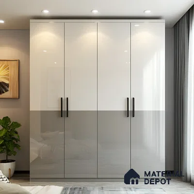 Glossy White and Light Grey Wardrobe with Sleek Black Handles | Material Depot