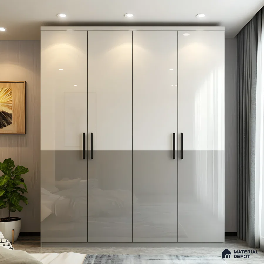Glossy White and Light Grey Wardrobe with Sleek Black Handles | Material Depot