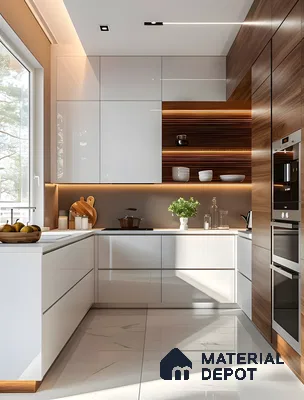 Glossy White Meets Warm Wood: A Modern Kitchen Delight | Material Depot
