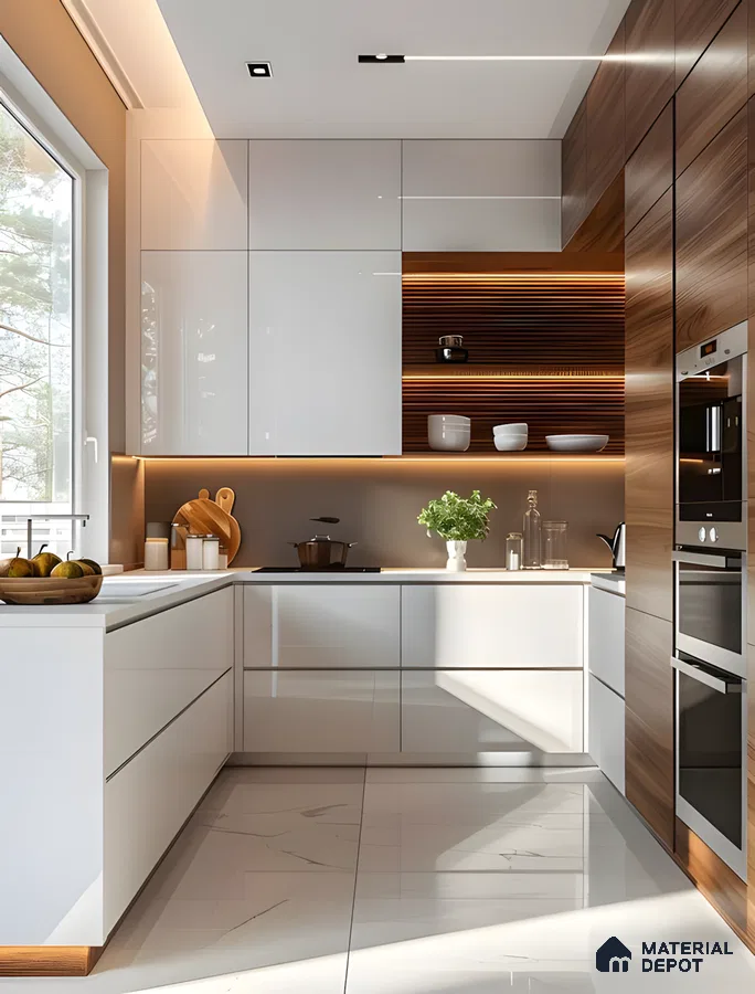 Glossy White Meets Warm Wood: A Modern Kitchen Delight | Material Depot