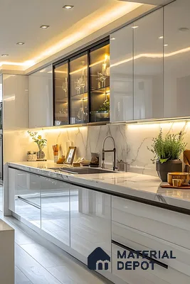 Glossy White Modern Kitchen With Marble Backsplash And Ambient Lighting | Material Depot