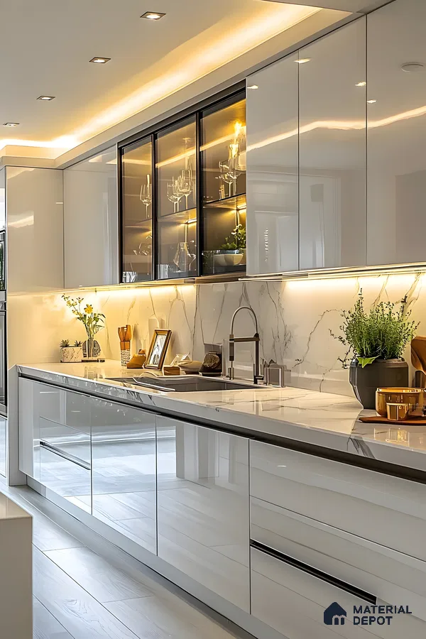 Glossy White Modern Kitchen With Marble Backsplash And Ambient Lighting | Material Depot