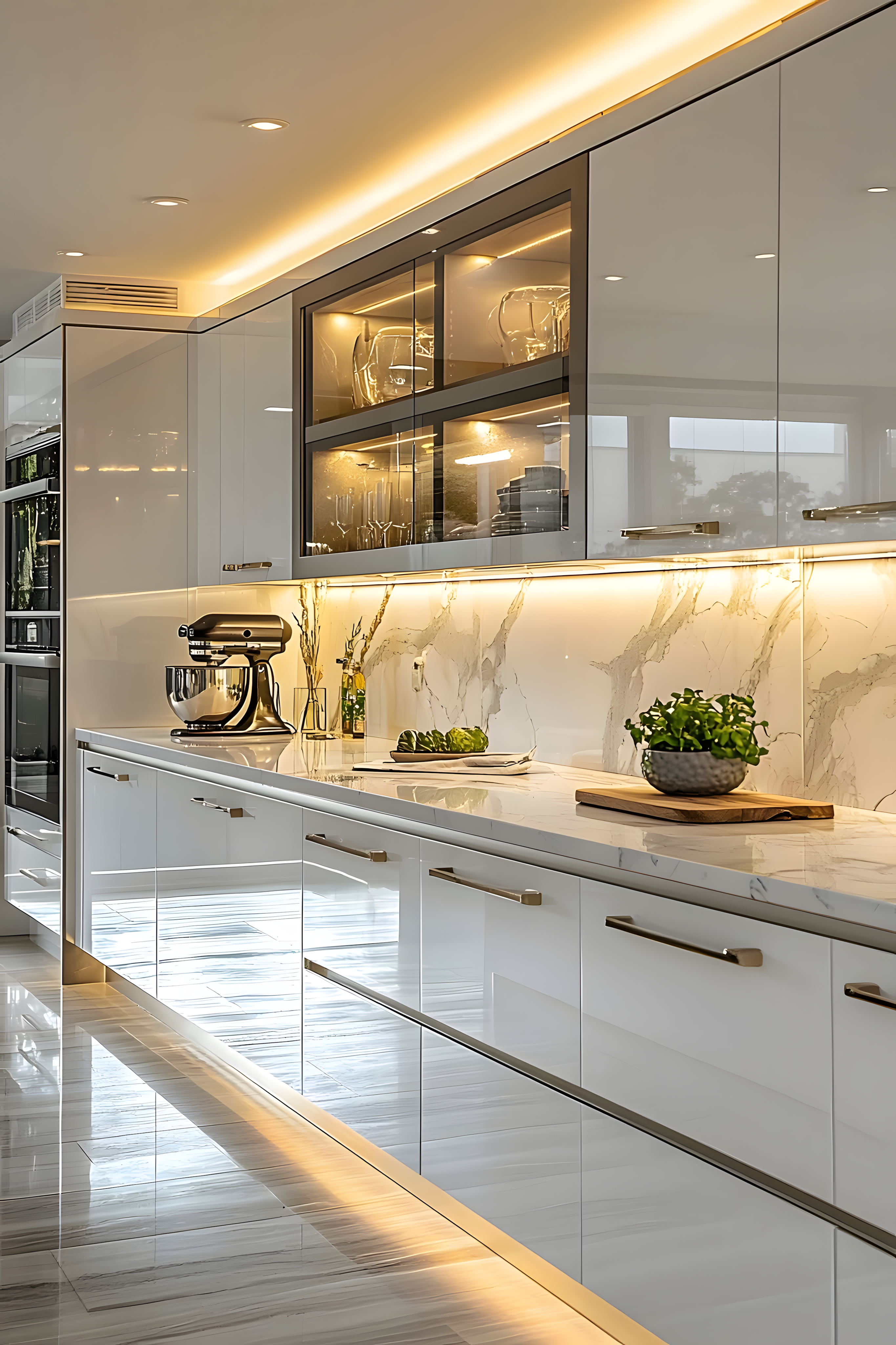 Glossy White Modular Kitchen With Warm Lighting And Marble Accents | Material Depot