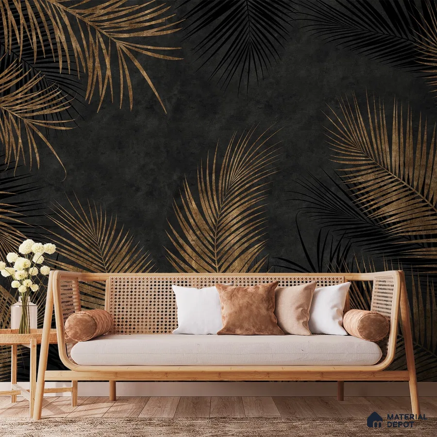 A close-up of a Tropical Theme Wallpaper, Gold Brown Foliage Indrani Series Soft Feel Tropical Design (Customised Size Wallpaper )available at Material Depot in Bangalore