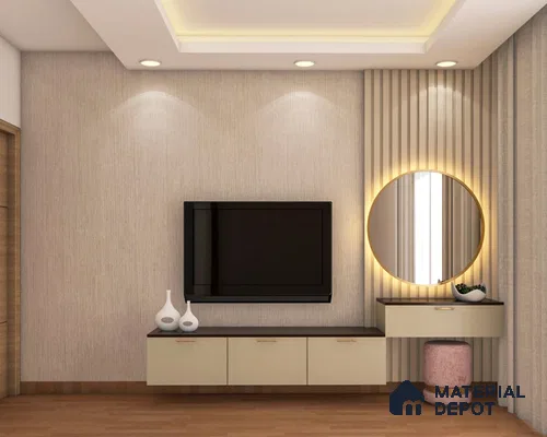 Compact TV Unit with Circular Golden Mirror.