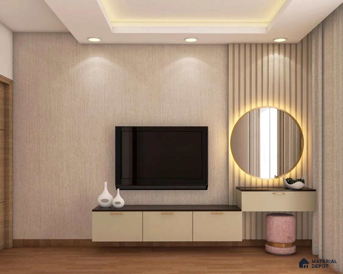 Compact TV Unit with Circular Golden Mirror.