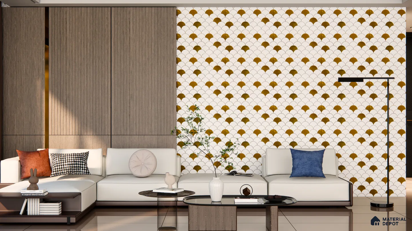 Golden Fan Pattern Highlighter Tile for Sophisticated Living Room Walls | Material Depot