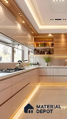 Golden Glow: A Glossy Beige Kitchen With Warm Wooden Accents | Material Depot