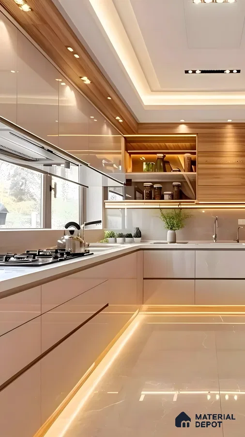 Golden Glow: A Glossy Beige Kitchen With Warm Wooden Accents | Material Depot