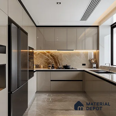 Golden Glow: Luxurious Kitchen with Marble Backsplash | Material Depot